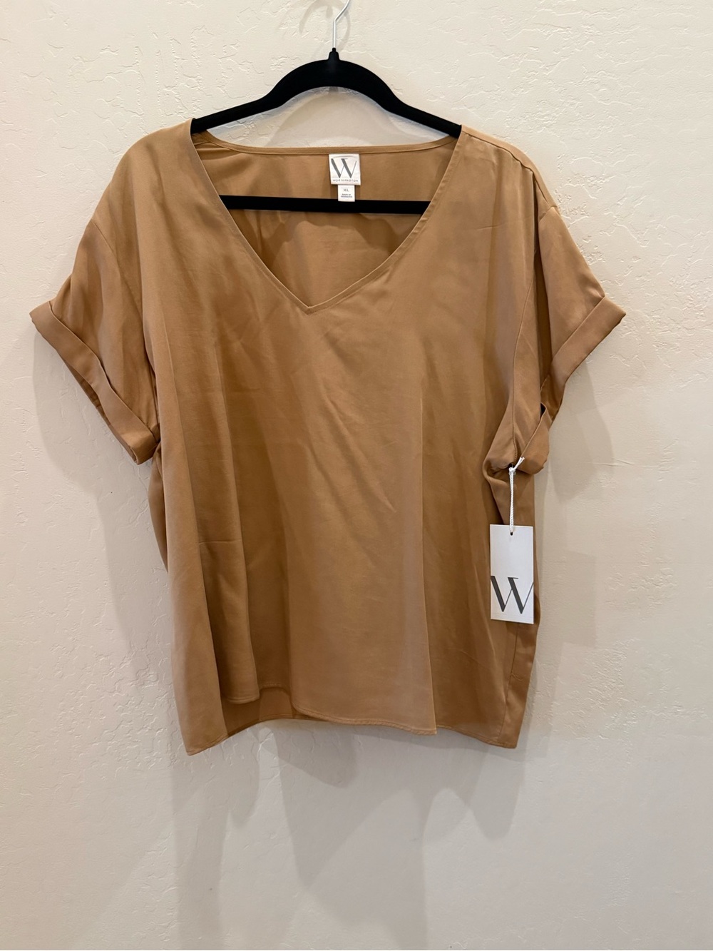 Worthington V-Neck Short Sleeve Top in Camel Brown
